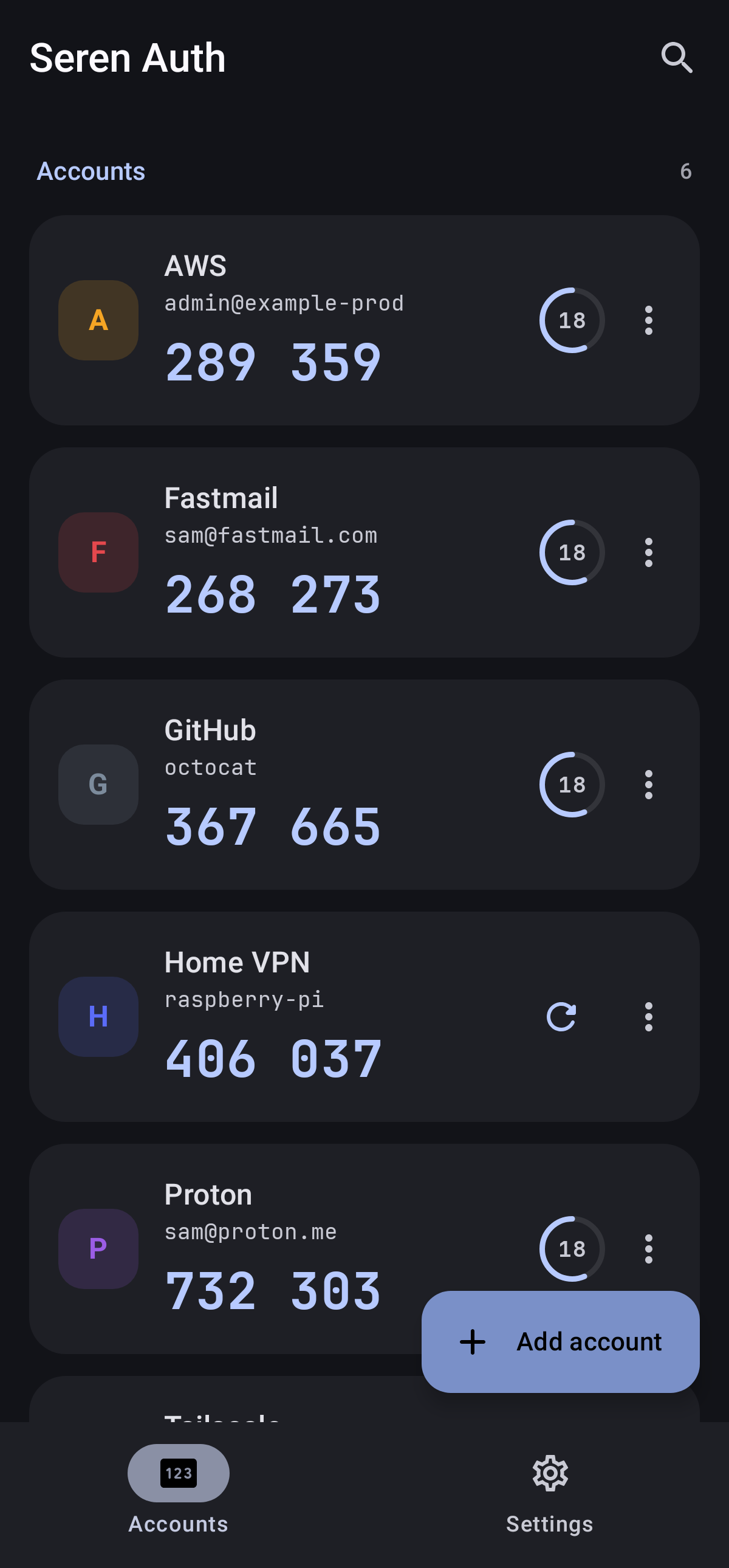 Accounts in the dark theme