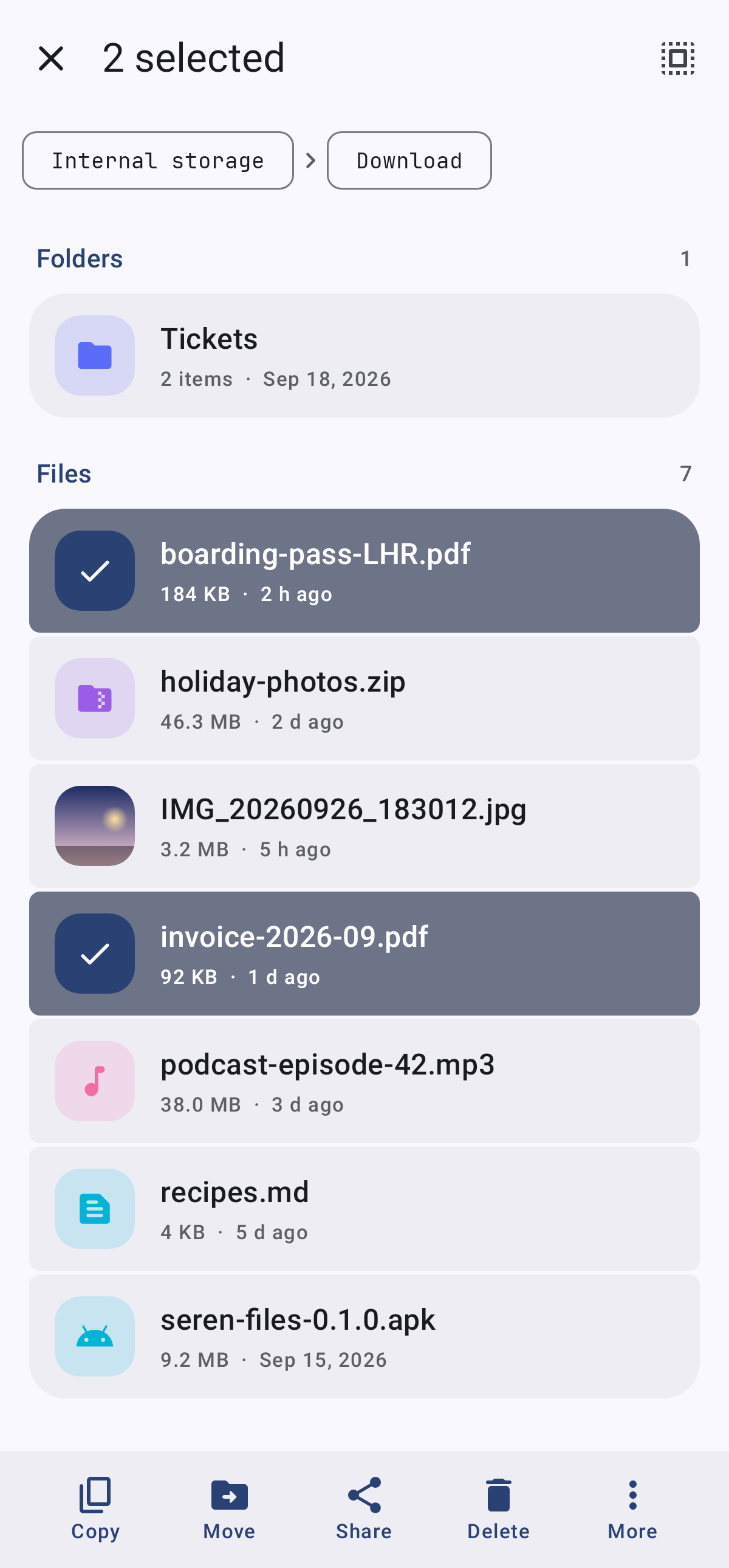 Selecting several files